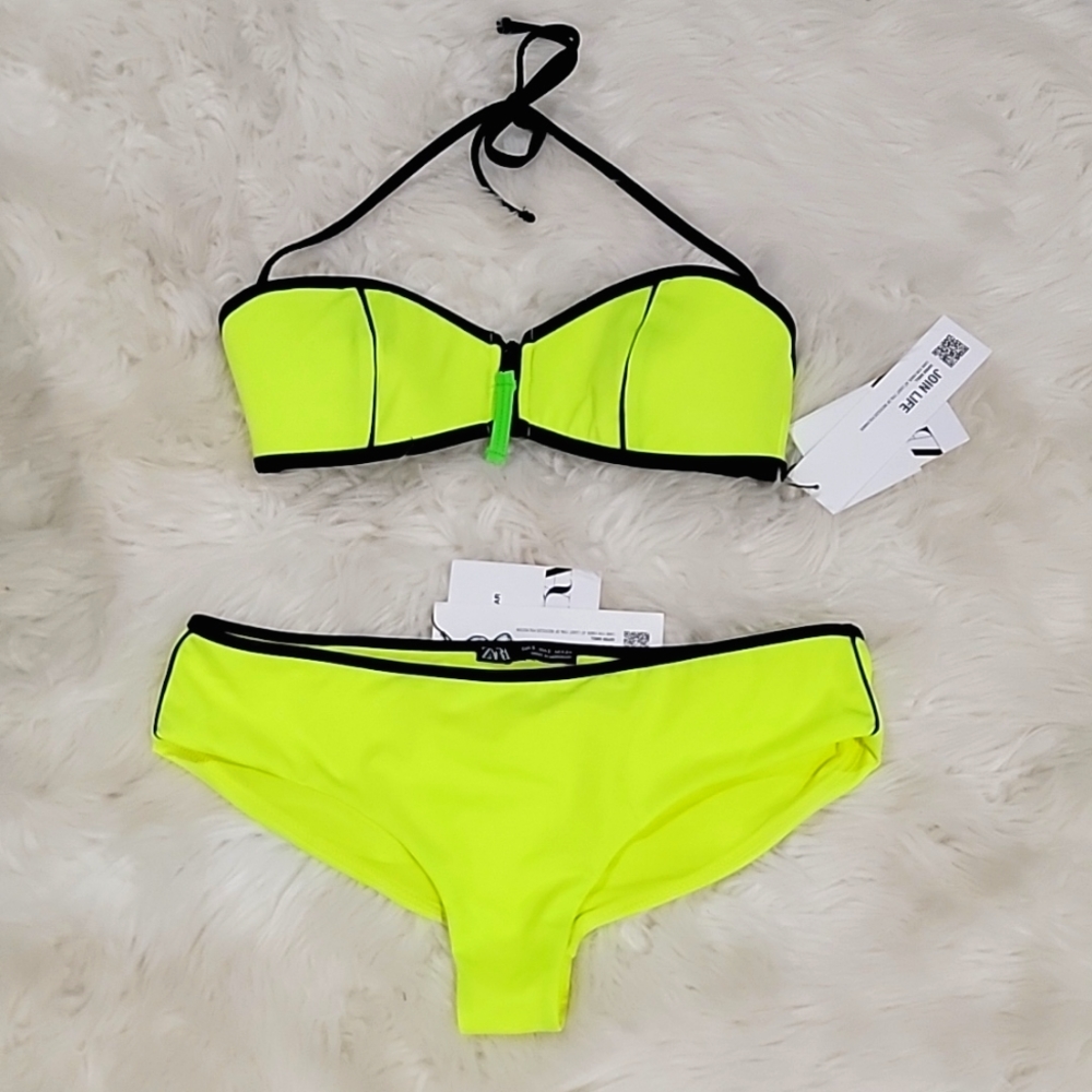 Zara 2pc swimsuit, halter top, semi boyshort bottom, neon lime, new